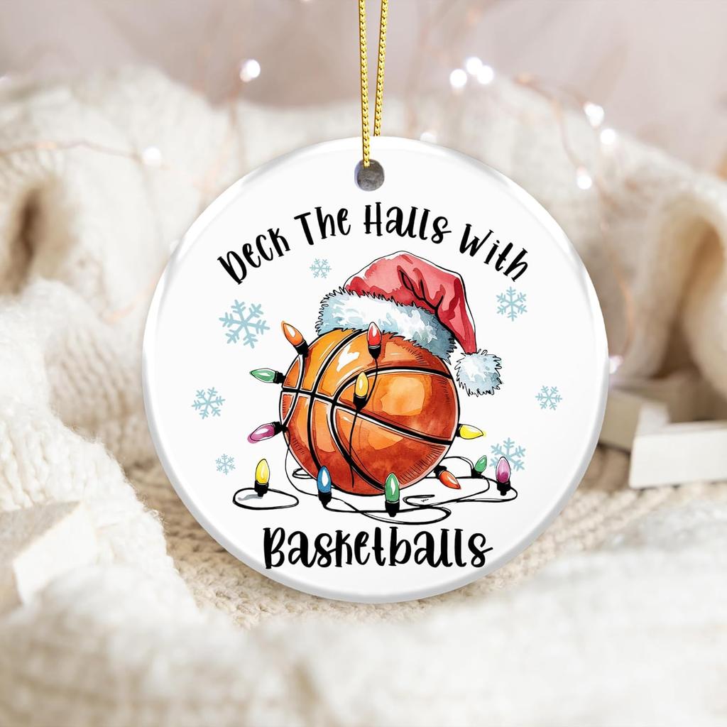 Basketball Ornament 2025, Deck The Halls with Basketballs Ornament – Santa Hat and Lights, White Elephant Gift for Players, Coaches, and Fans,