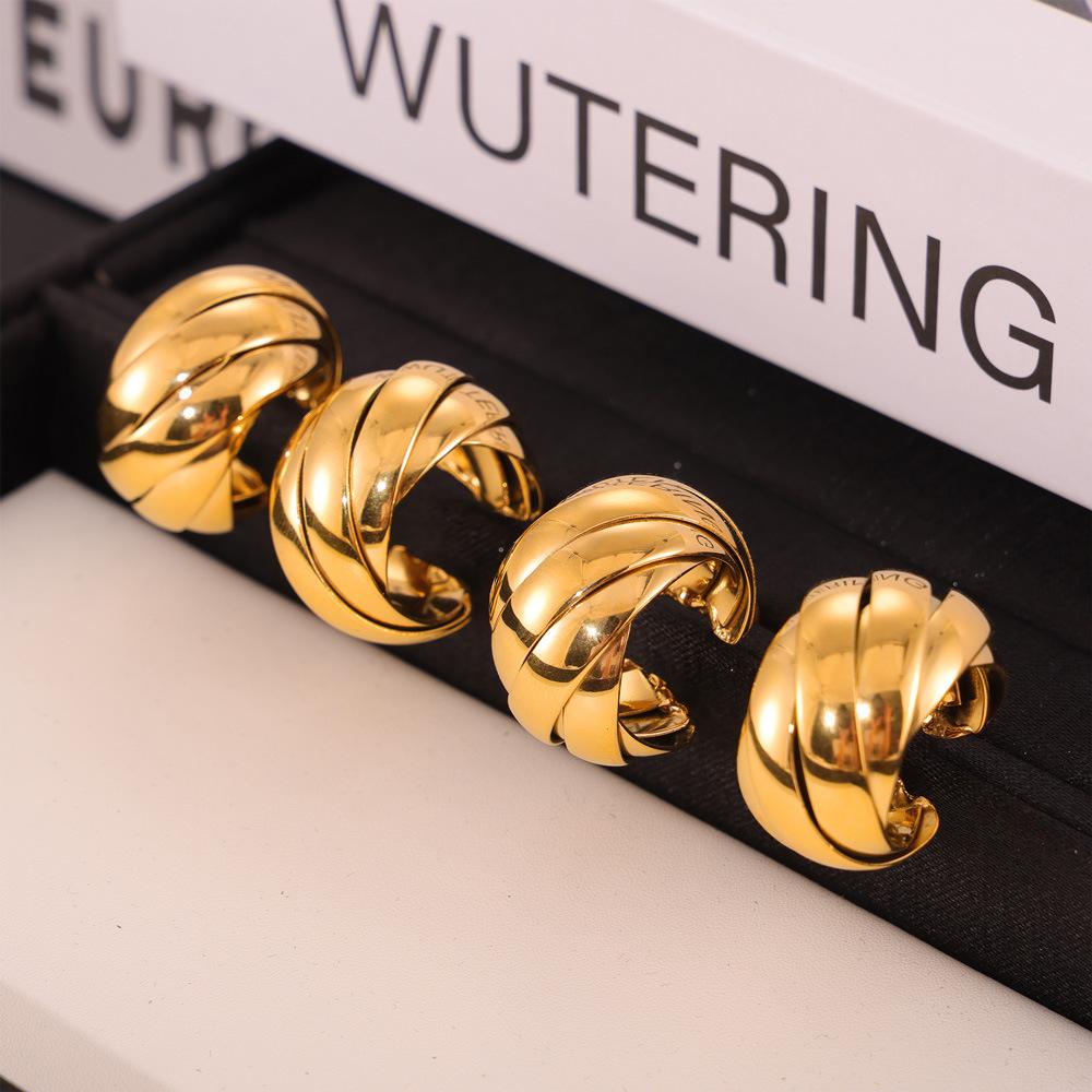 

French Luxury Gold-Plated Titanium Ear Cuffs: Retro Braided Design, Irregular Style, Color-Retaining