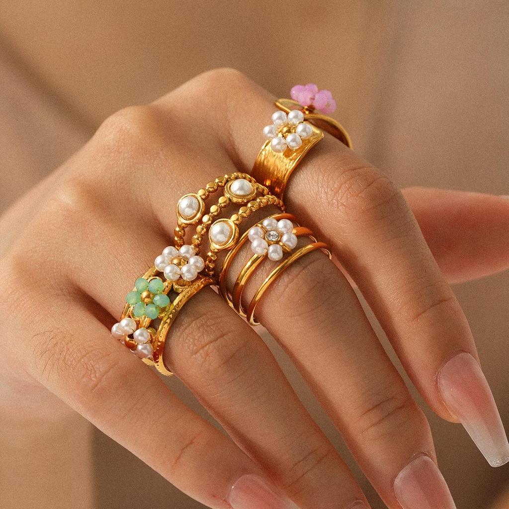 European and American Pearl Flower Stainless Steel Open Ring – High-End, Non-Fading Titanium Steel for Women