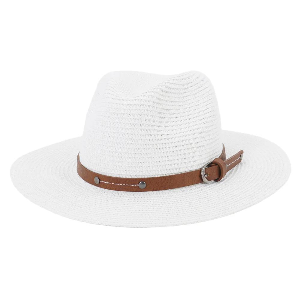 Navy Panama Hat Straw Summer Hats for Women Men Fedora Wide Brim Belt Decorate Male Female Jazz Sombrero Cap Black Pink New