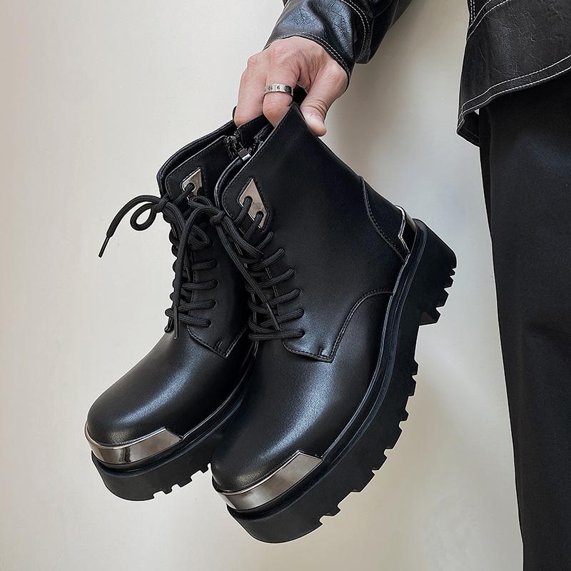 Fashion Men Harajuku Korean Man High Top Leather Couple Shoes Streetwear Fashion Casual Thick Platform Metal Leather Wedding Men Shoes