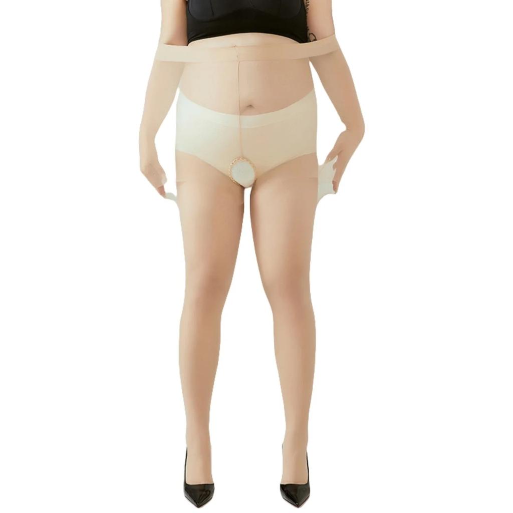 100Kg Woman Oversized 15D Open Crotchless Pantyhose Plus Large Size High Waist Female Stretchy Tight Black Stockings Tights