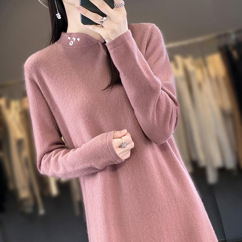 Women's Cashmere Dress Qinghe Cashmere 70% Wool 30% Cashmere Women's Autumn and Winter Cashmere Dress Soft and Warm