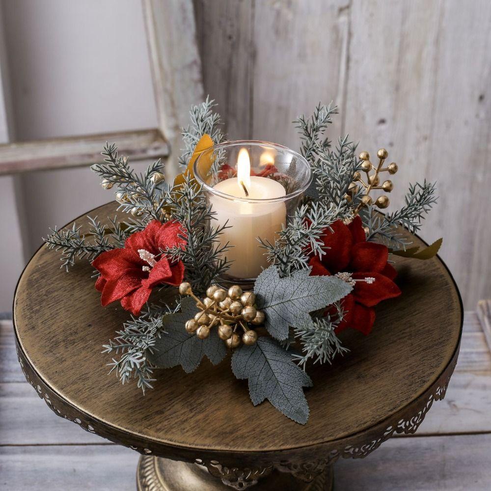 

Artificial Candle Holder Rings with Flower Christmas Table Decoration Small Xmas Candle Wreath 02