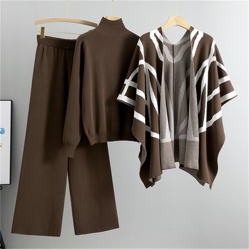 Women's Autumn And Winter New Lazy Style Casual Suit Knitted Sweater Shawl Cape Wide Leg Pants Three Piece Set