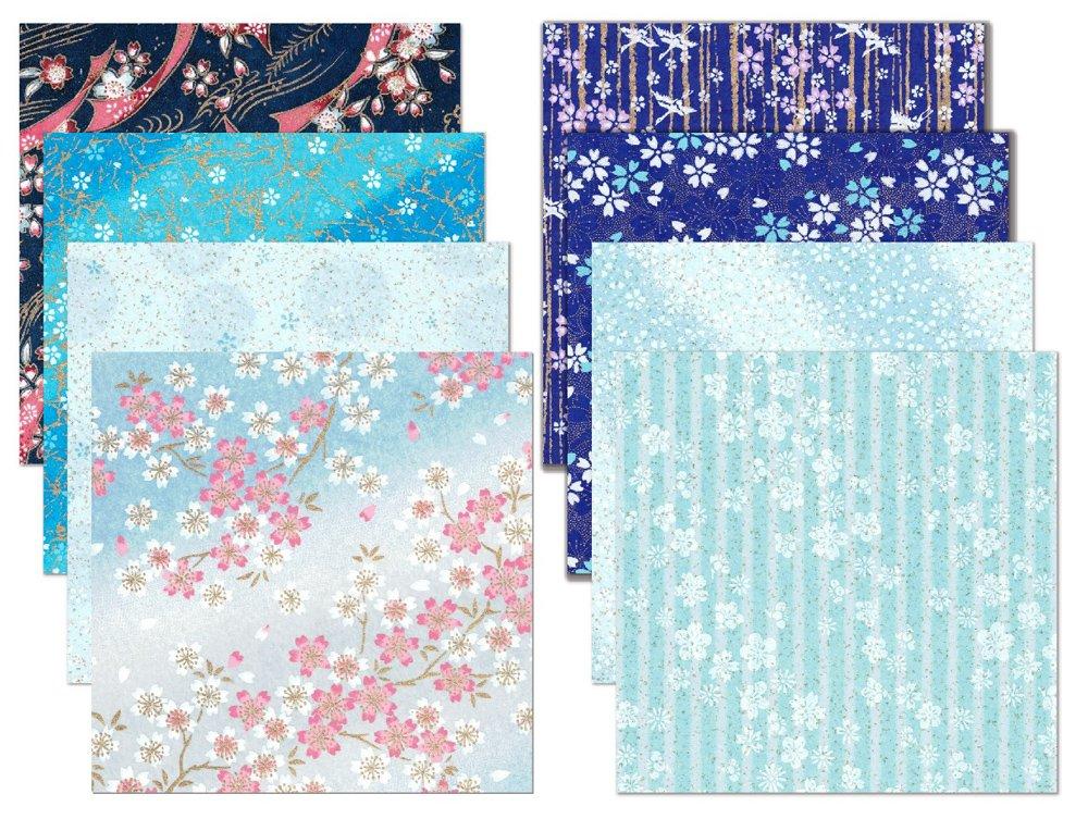 Kawasumi Washi Special Selection Blue Chiyogami Yuzen Washi 8 Patterns Hand-Dyed Paper, 15cm,