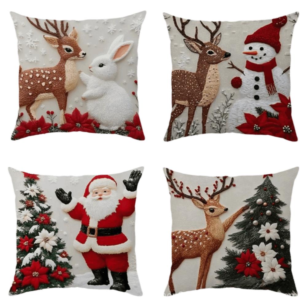 4PCS Snowman Holiday Cushion Cover Santa Claus Xmas Pillow Cover Home Holiday Decor