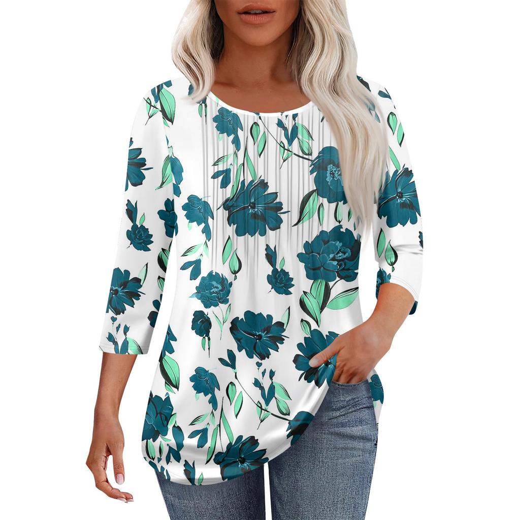 Women's Fashionable Casual Pleated Round Neck Casual Floral Print Seven Quarter Sleeved T-shirt Top