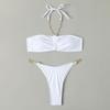 High Waist Two Piece Bikini Set Strapless Bandeau Top with Chain Straps and Ruched Front Bottoms for Women Swimwear Beachwear