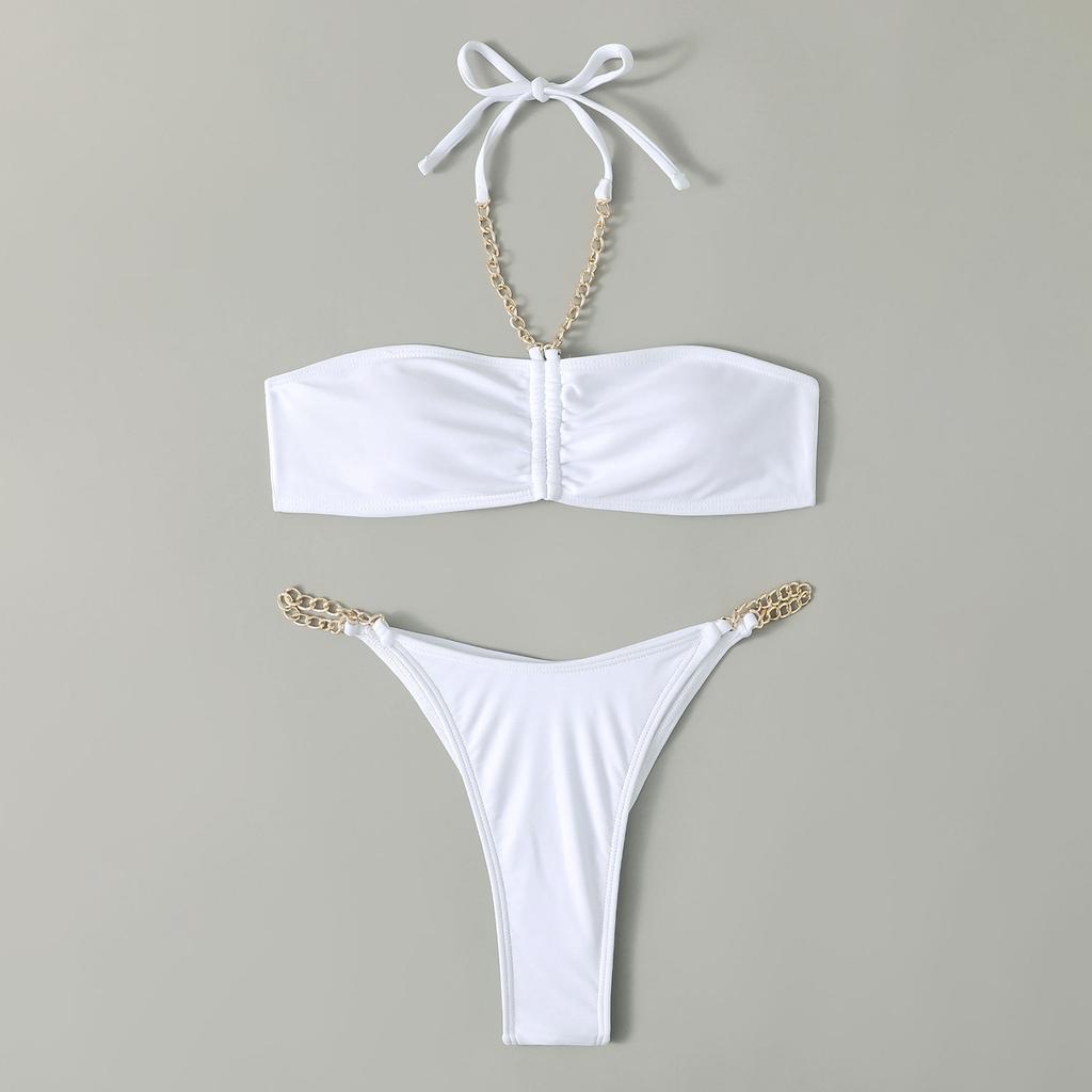 High Waist Two Piece Bikini Set Strapless Bandeau Top with Chain Straps and Ruched Front Bottoms for Women Swimwear Beachwear