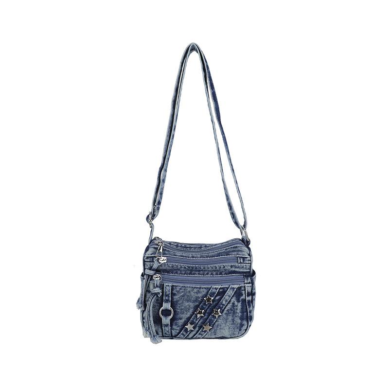Washed Denim Crossbody Bag for Women Multi-Zipper Star Stud Casual Small Shoulder Purse
