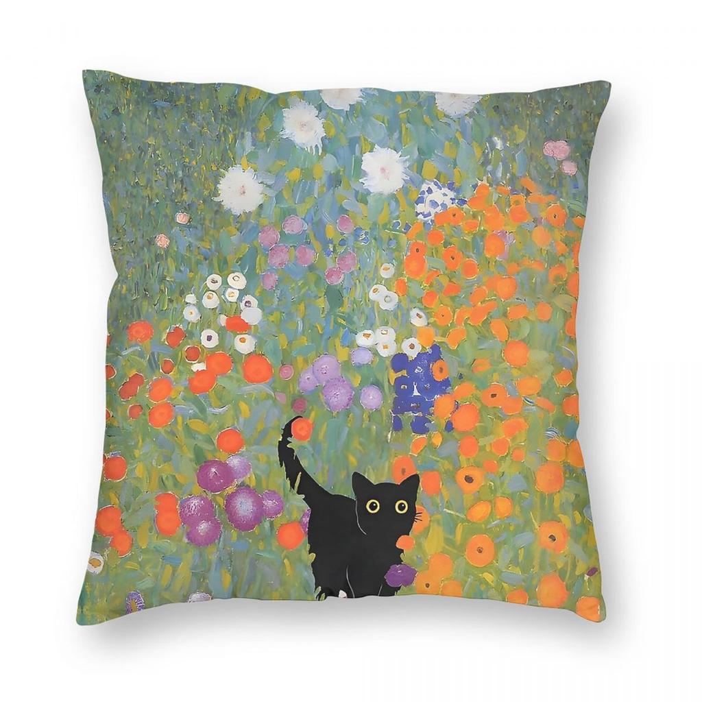 Gatto Gustav Klimt Giardino Contadino Federa Quadrata Poliestere Lino Velluto Stampata Zip Federa Decorativa Cuscino per Stanza Copricuscino