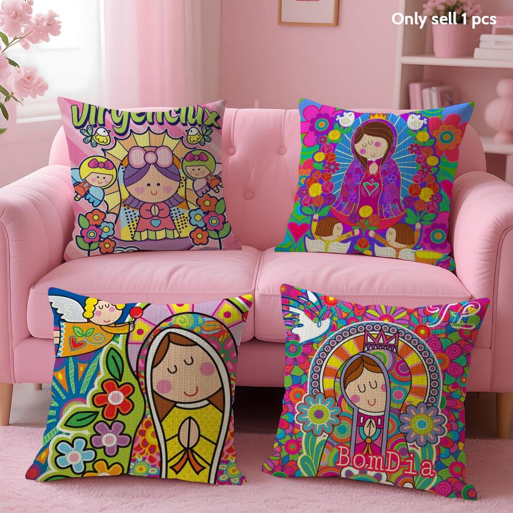 Cartoon Virgin Mary Art Cushion Cover Summer Coolness Linen Fabric Double-Sided Printing Pillow Case Sofa Home Decor Gift