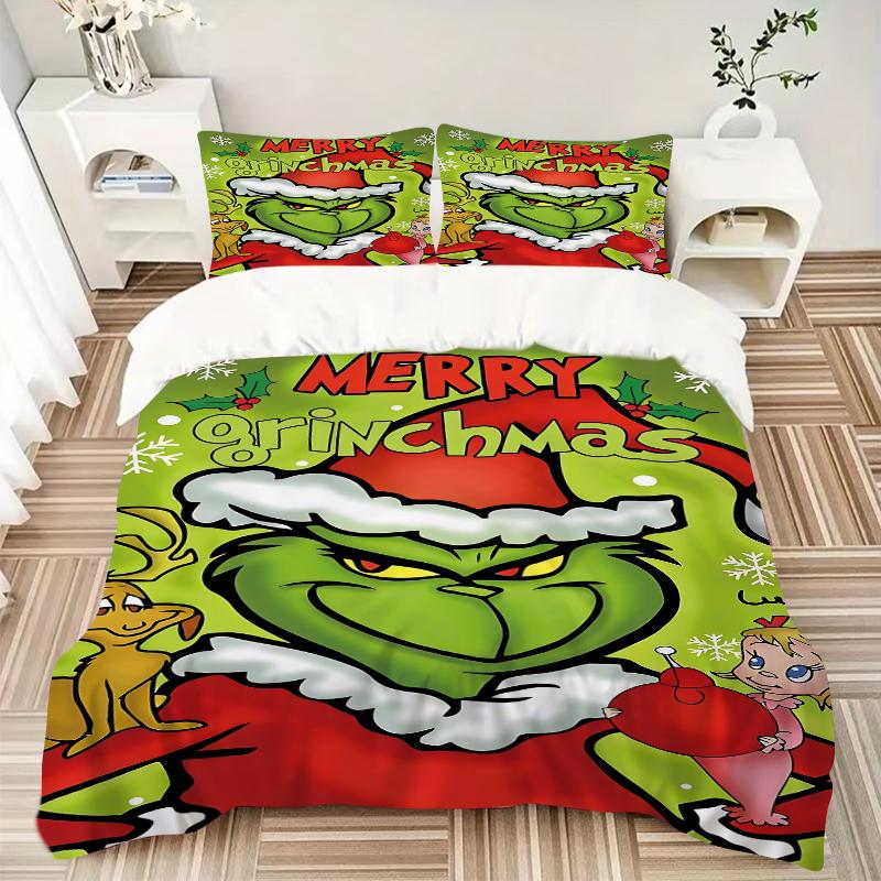 3-delige Grinch Kerstviering Beddengoed Sets Voor Alle Maten Nieuwe 3D Geprinte Bedsprei Dekbed Dekbedovertrek Kussensloop Slaapkamer Decoratie
