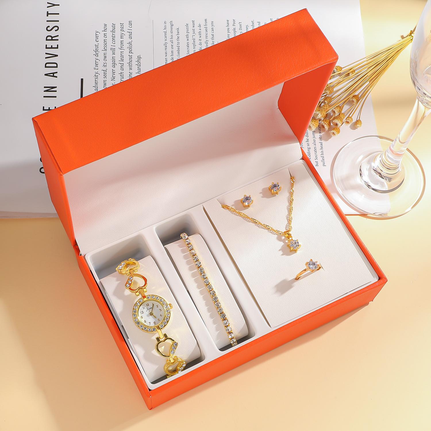 

Популярные модные часы с бриллиантовой инкрустацией без подарочной коробки, универсальные модные кварцевые часы со стразами и аксессуарами, набор из 5 предметов золотой