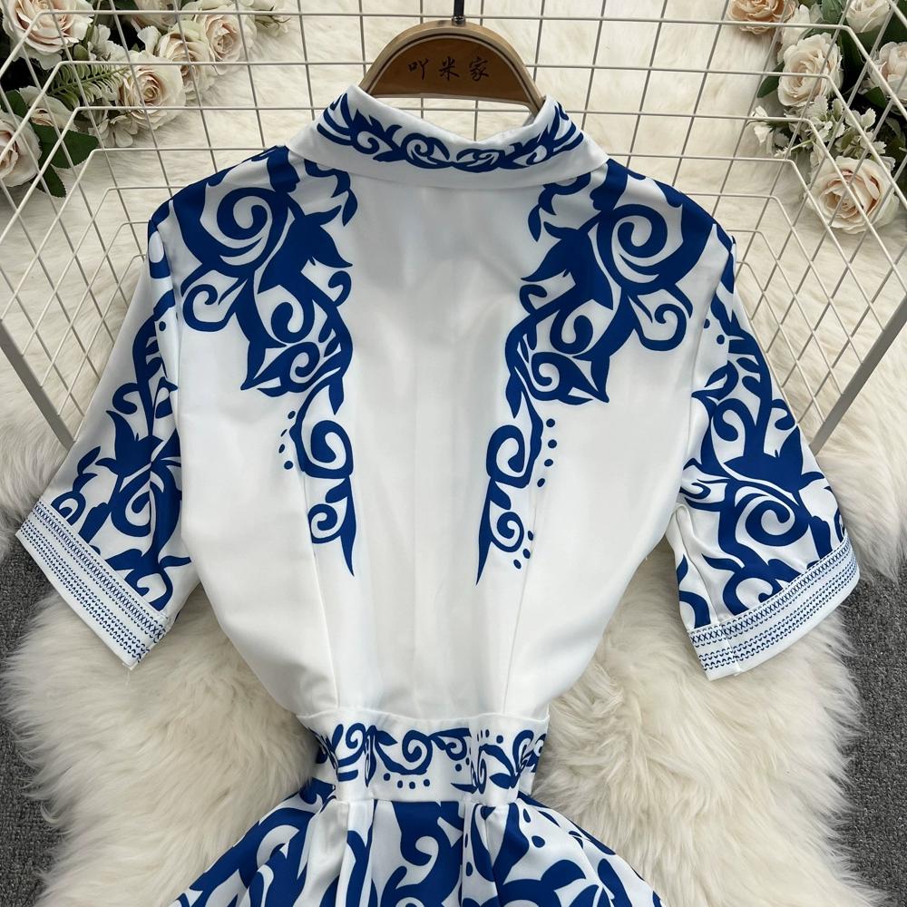 Summer Women Designer Print Runway Dress Short Sleeve Lapel Shirt Party Dresses