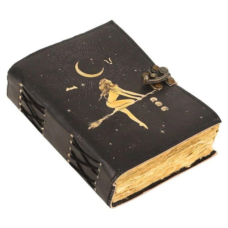 

Ведьминский кожаный журнал ручной работы, блокнот с фазами Луны с замком, готический викканский 7 x 5 in