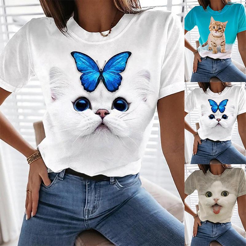 Cheap New Women's 3D Cat Printed Cotton T-shirt O-neck Long Sleeve