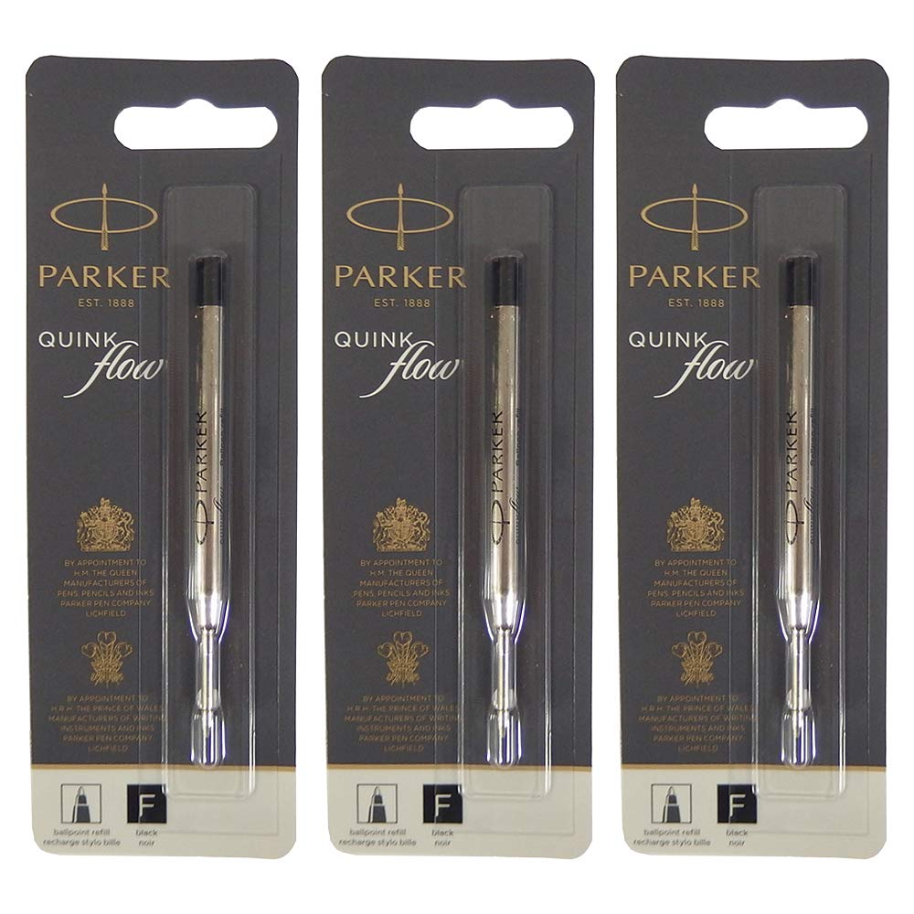 Parker Quink Flow Ballpoint Pen Fine Set of 3 Product Refills, Black, Point, 0.8mm, (Product Code 1950367, Code S0909400)