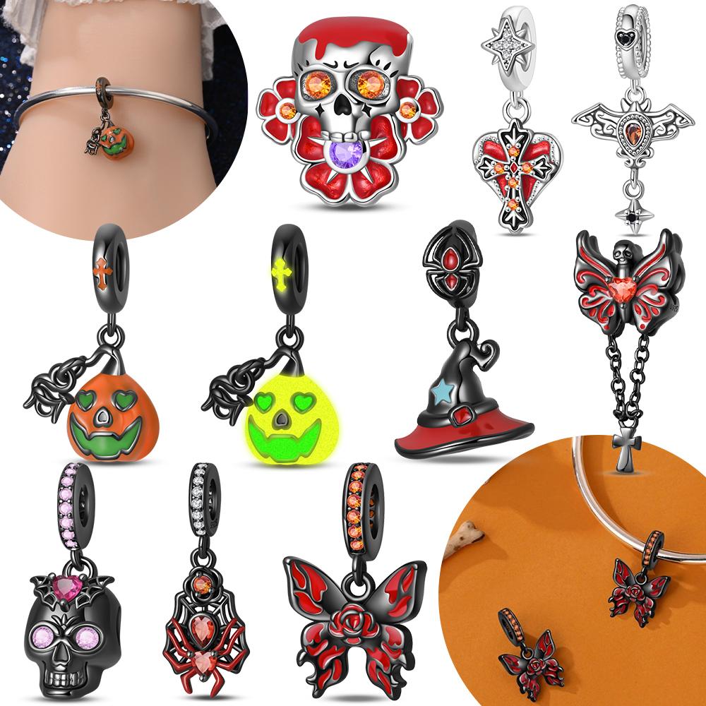 Original Black Butterfly Pendant Copper Skull Glowing Pumpkin Red Ghost Hat Beads Fit Bracelet Women Jewelry Fine Gift Diy