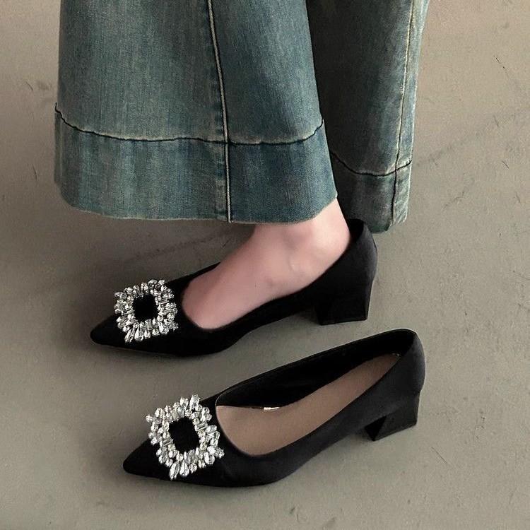 Elegant temperament thick heel single shoes year-round legs long pointed head satin Korean version high heels college style