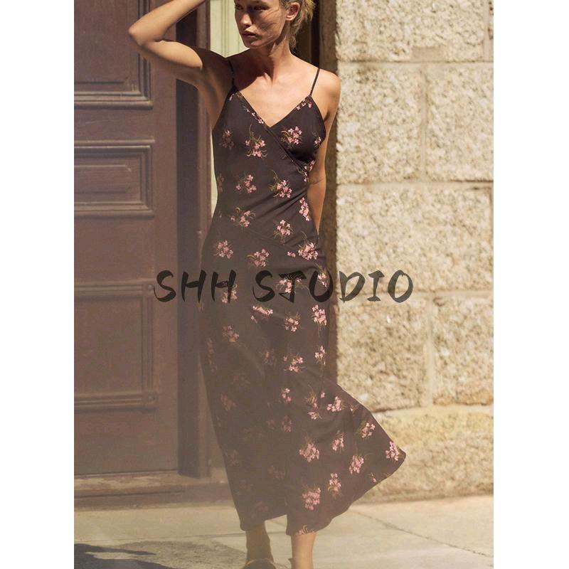 Spring New Women's Clothing Sexy Wind V Neck Sleeveless Printed Long Midi Skirt Sling Dress 2587053