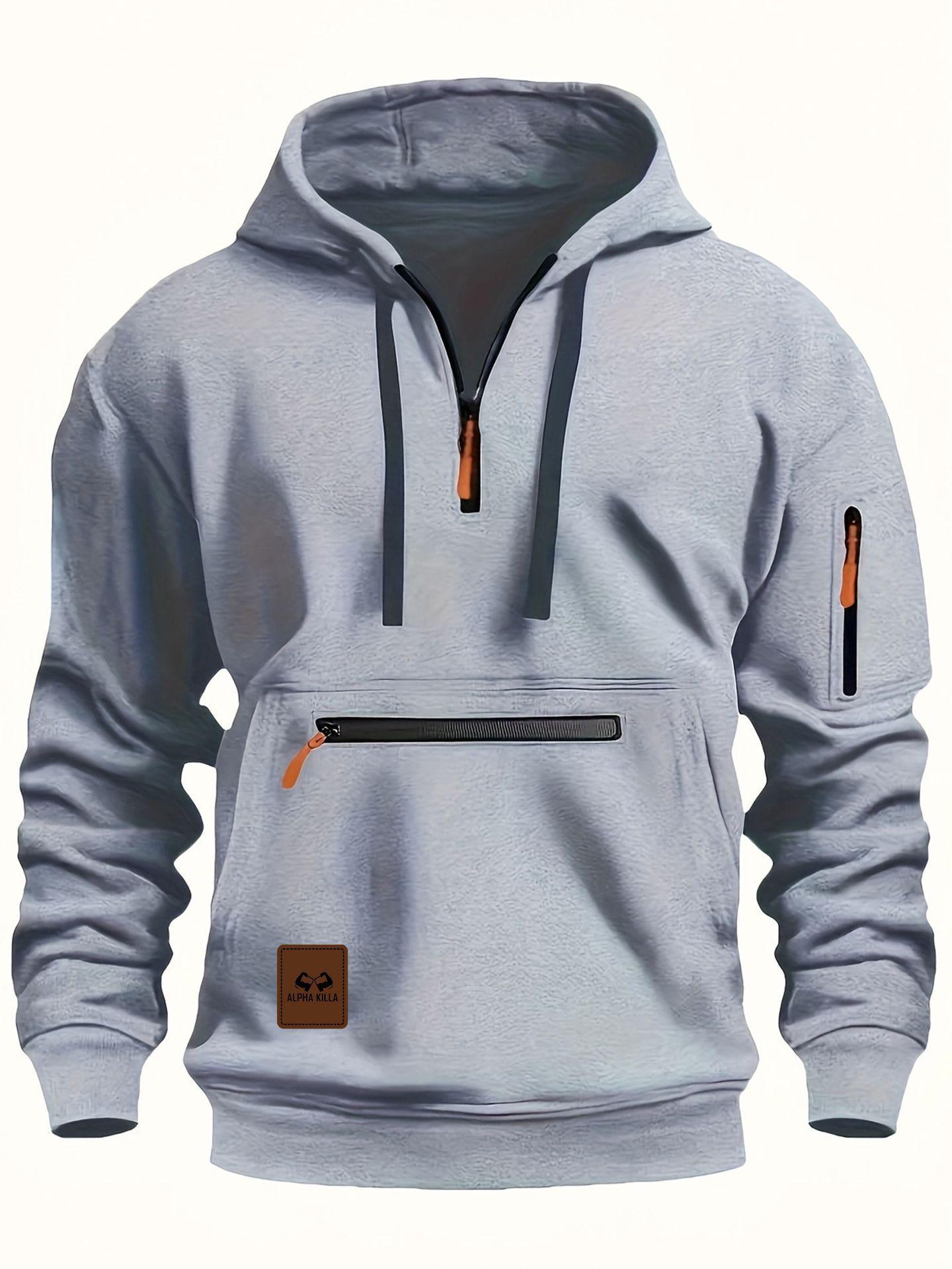 

Men s Waterproof Multi-Pocket Zipper Hoodie - Autumn/Winter Sports Casual Sweatshirt XL светло-серый