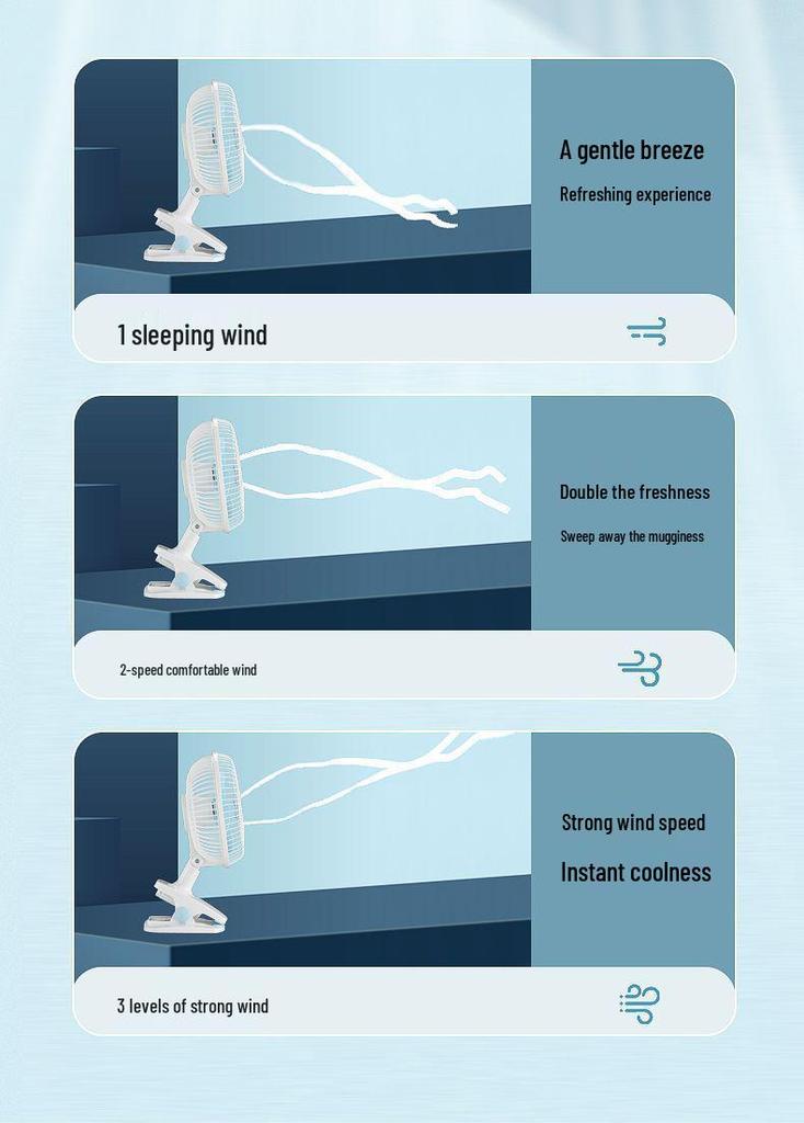 Silent USB Rechargeable Clip-on Desk Fan with Strong Wind for Dorms, Bedside & Office