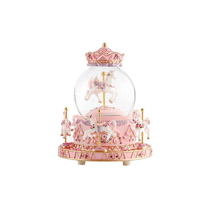 Snow globe with music box, color LED lights, merry-go-round, and crystal balls for automatic snowfall. A popular birthday or Christmas gift for girls,
