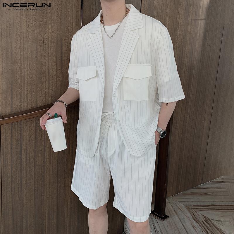 

INCERUN летние тонкие мужские модные полосатые комплекты из двух предметов, куртки и шорты с короткими рукавами с лацканами, социальная повседневная униформа, костюм большого размера