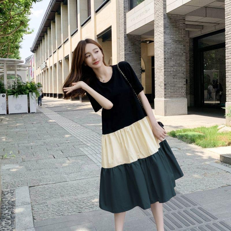 Summer Color Block Short Sleeve Maternity Dress Set - Over-the-Knee Design