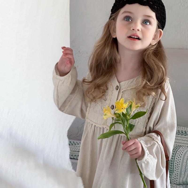 Girls' Spring Retro French Lace Long Sleeve Dress