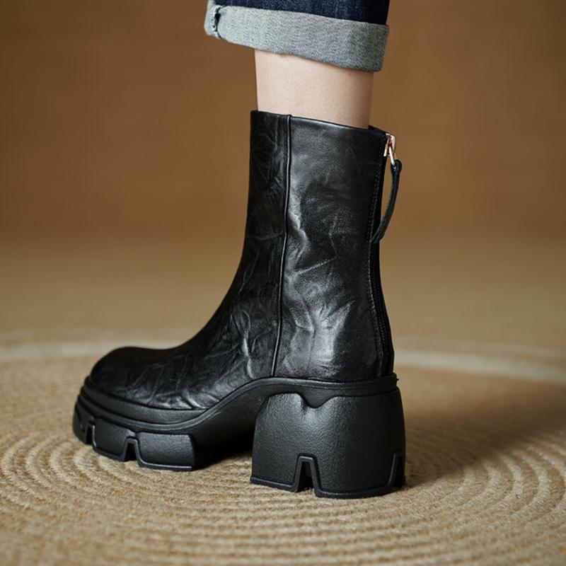 Fashion NEW Autumn Women Boots Genuine Leather Shoes for Women Round Toe Chunky Heel Shoes Concise Zip Platform Boots Soft Daily Shoes