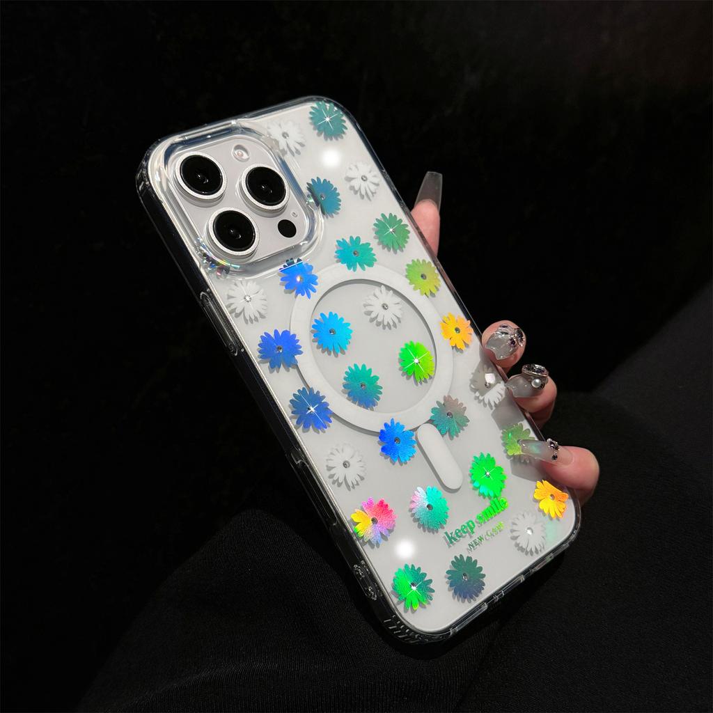 For iPhone 15 Pro Case Compatible with MagSafe Laser Flower PC+TPU Clear Phone Cover
