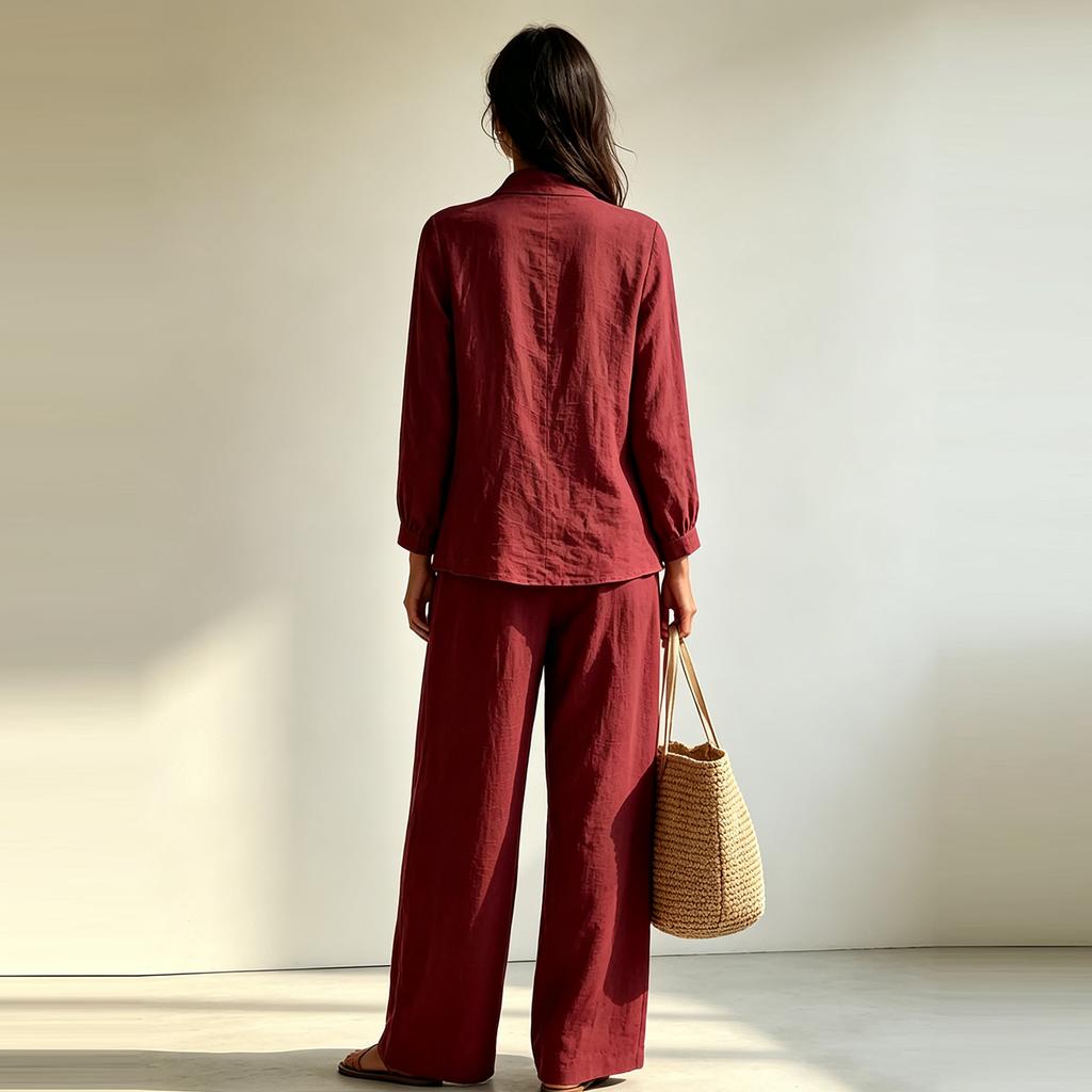 Women's 2-Piece Set, V-Neck Long Sleeve Top and Wide Leg Pants Outfit