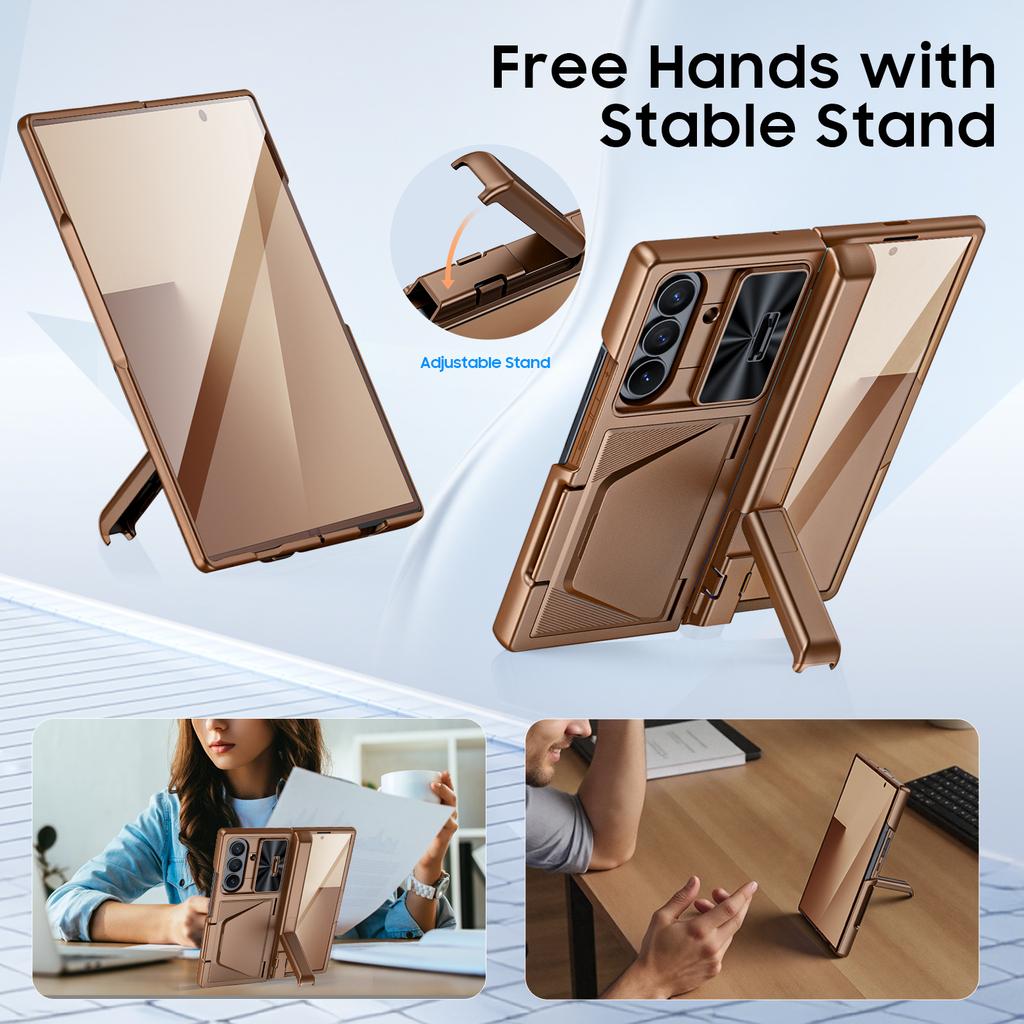for Samsung Galaxy Z Fold 7 With Card Holder RFID Blocking,Built in Slide Lens Cover & Hinge Protection&Kickstand & Screen Protector,Wallet Case-Gold