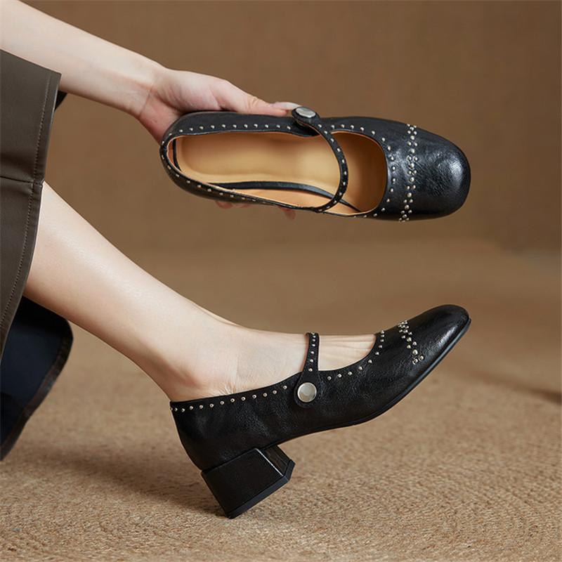 Fashion New Summer Genuine Leather Women Pumps Shoes for Women Fashion Rivet Round Toe Mary Jane Shoes Women Mid Heel Ladies Shoes