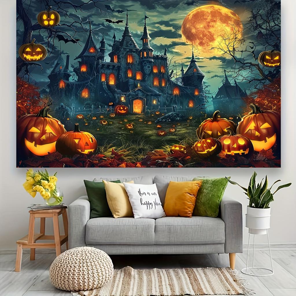 Spooky Halloween Backdrop: Dark Night Bat Castle with Pumpkin O'Lanterns - Perfect for Party Decorations and Photo Booth Props