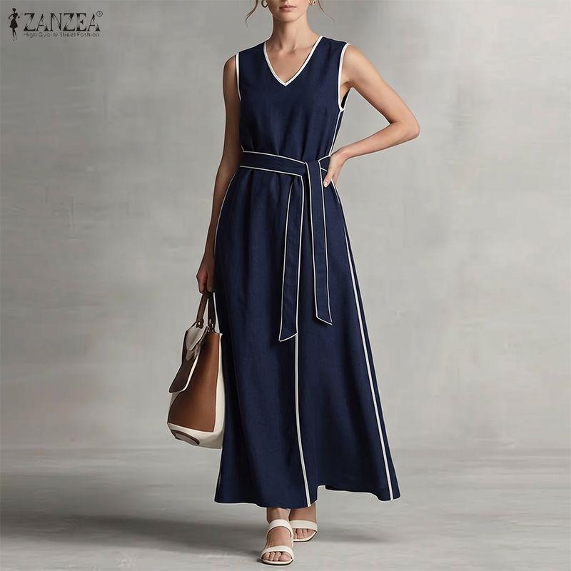 ZANZEA Women Elegant V-Neck Loose Casual Sleeveless Long Dress