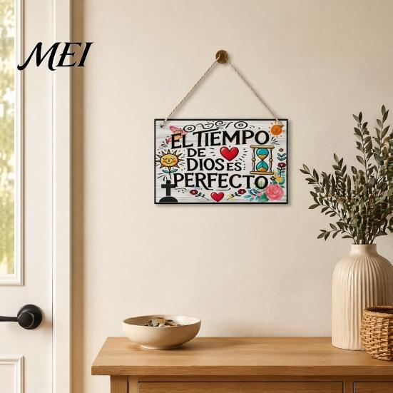 Entrance Wall Hanging Decor Spanish Religious Prayer Ornament with Rose Cross Flower, Inspirational Art Wooden Decorative Pendant for Living