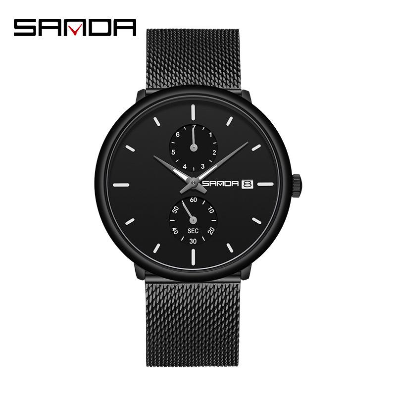 SANDA Men's 3D Leather Strap Waterproof Quartz Mesh Wristwatch - Fashionable & Trendy Calendar Design