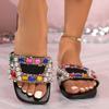 Fashion Women's Fashion Flat Slippers In Summer New Square Shallow Diamond Beaded Soft-soled Anti-slip and Wear-resistant Slippers.