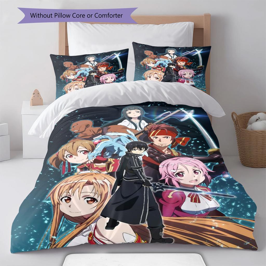 Sword Art Online Muster Bettwäsche-Set Bettbezug Kissenbezug Heimdeko Geschenk (1 Bettbezug + 2 Kissenbezüge, ohne Füllung)