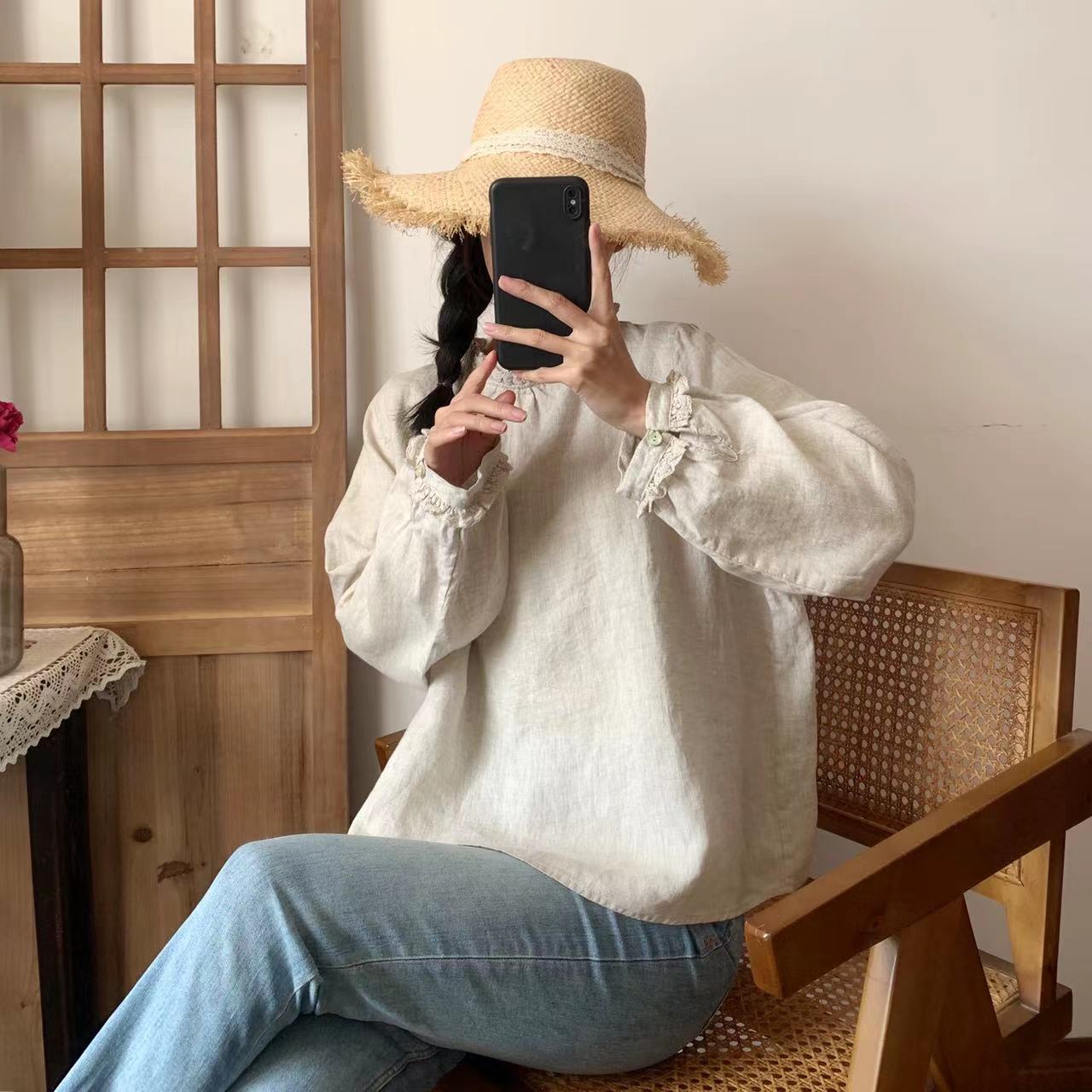 

Johnature Винтажные простые однотонные лоскутные свободные женские топы с оборками, рубашки весна-лето, женские блузки One Size легкие хаки