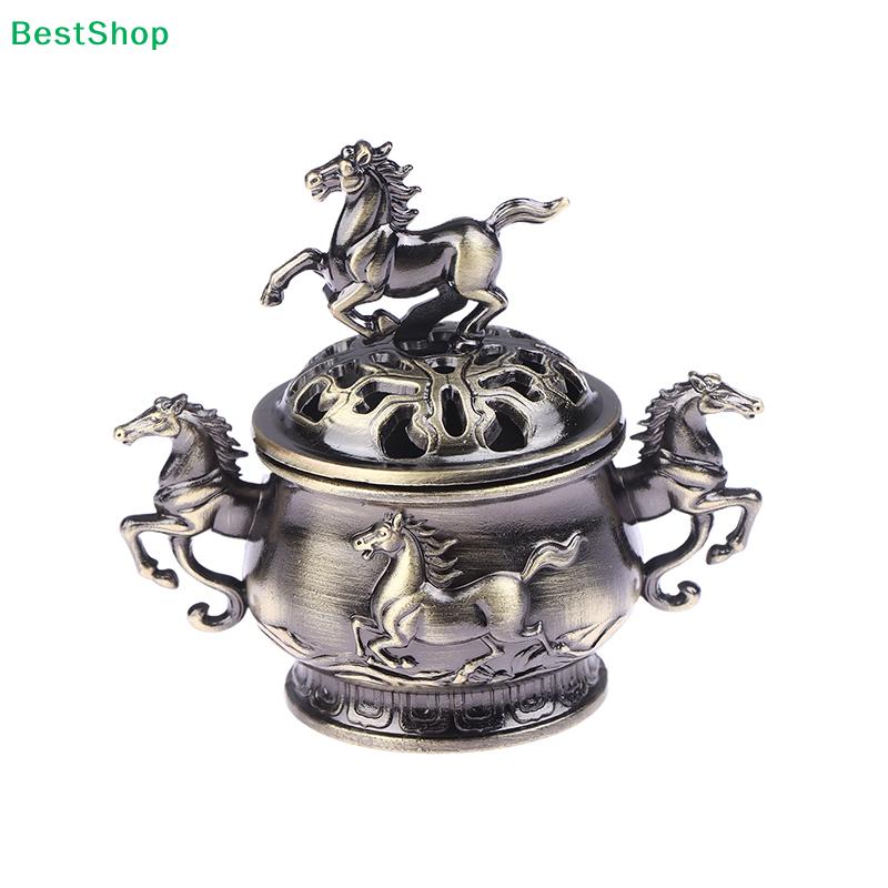 Retro Bronze Horse Embossed Incense Burner, Decorative Alloy Censer with Lid for Stick, Cone & Coil Incense