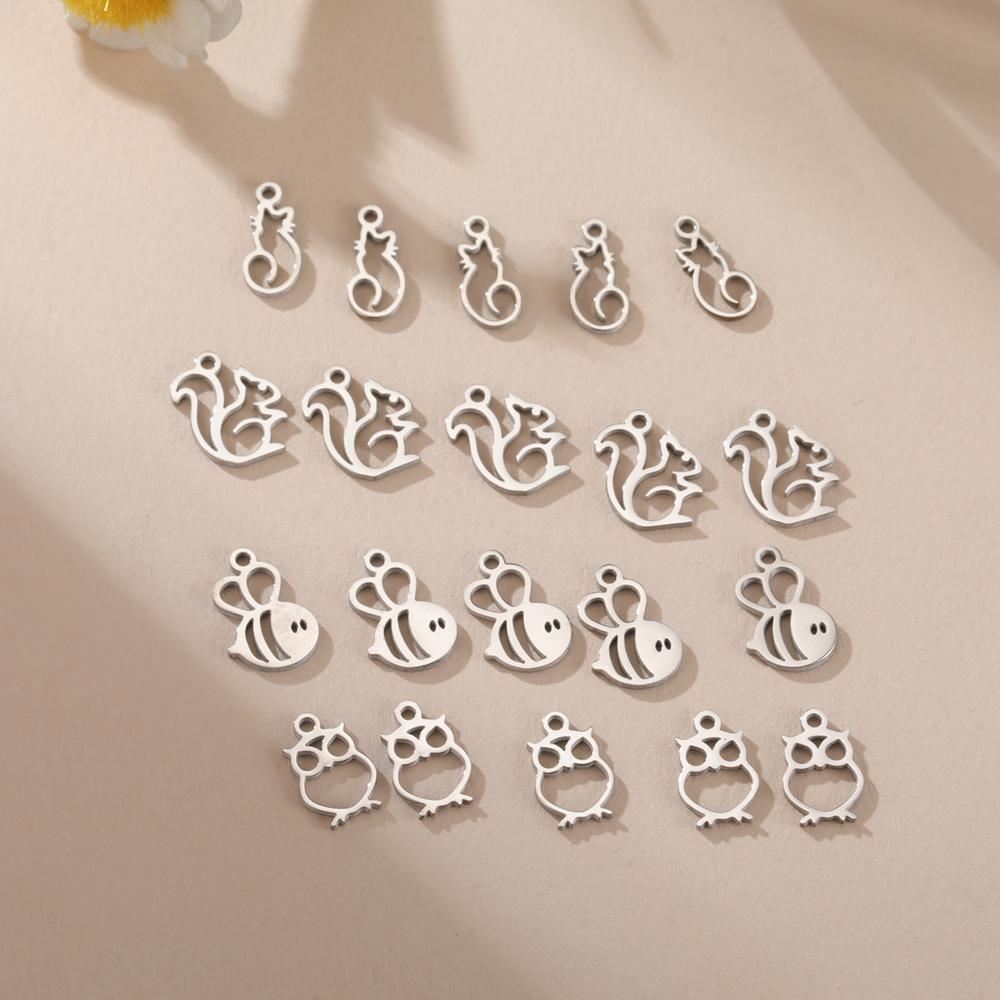 5pcs/Lot Stainless Steel Cute Animal Charms For Jewelry Making Cat Squirrel Bee Owl Elephant Koala Pendant DIY Accessories