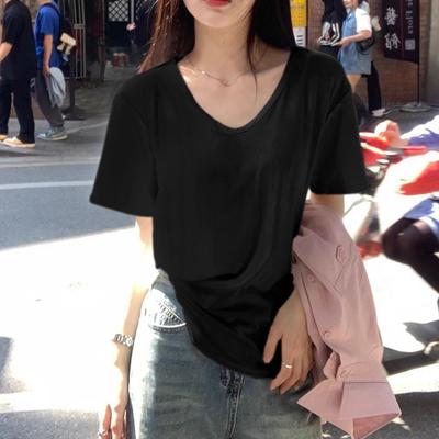 U-neck T-shirt Women's Short-sleeved Elastic Summer New Korean Version with a Loose and Thin Neckline and a Solid-color Top Inside