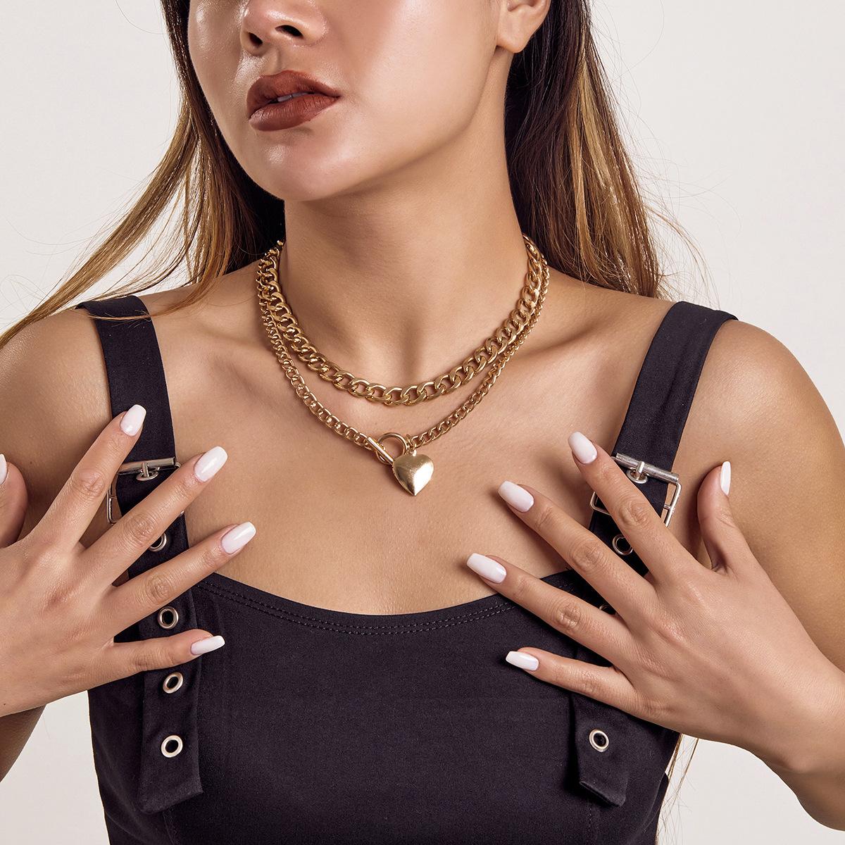 

Аксессуары, Креативное геометрическое ожерелье с OT-застежкой, Панк толстая цепь, Открытое персиковое сердце, Двойное ожерелье для женщин