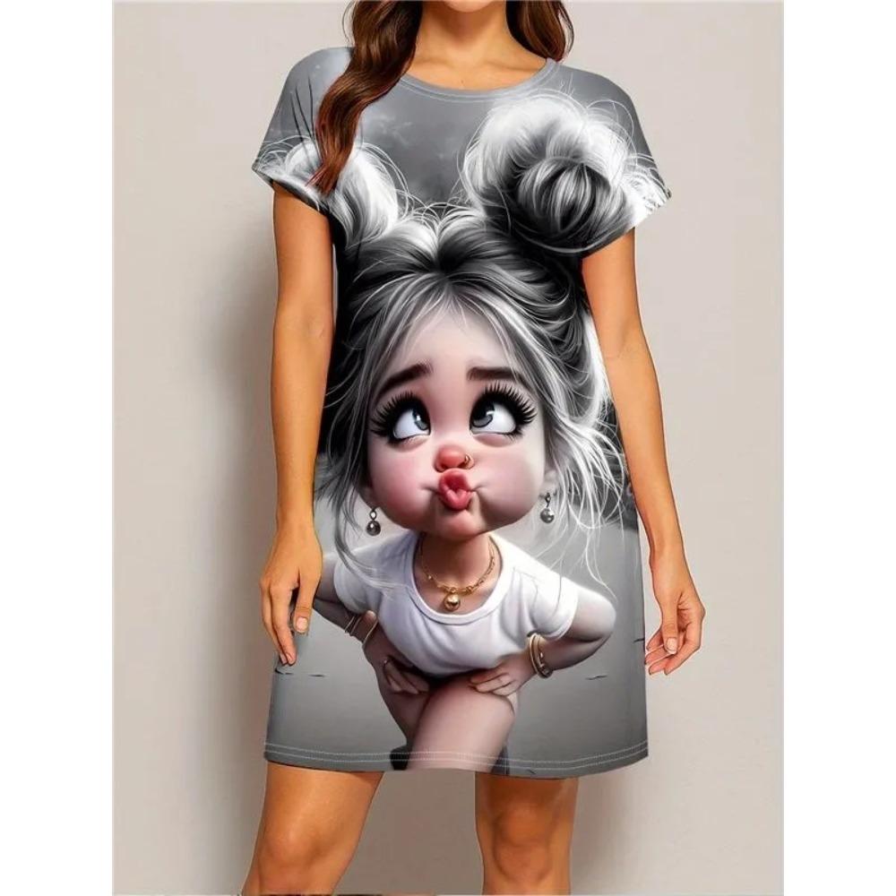 Summer Fashion Comfortable Breathable Round Neck Short Sleeved Dresses Women Cartoon Cute Portrait 3d Print Plus Size Loose Dresses