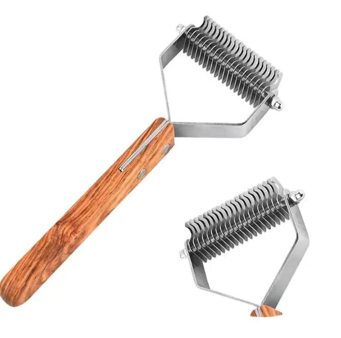 Double Row Cat and Dog Hair Comb Specific Pet Hair Removal Cleaning Tool with Wooden Handle Stocked Feature